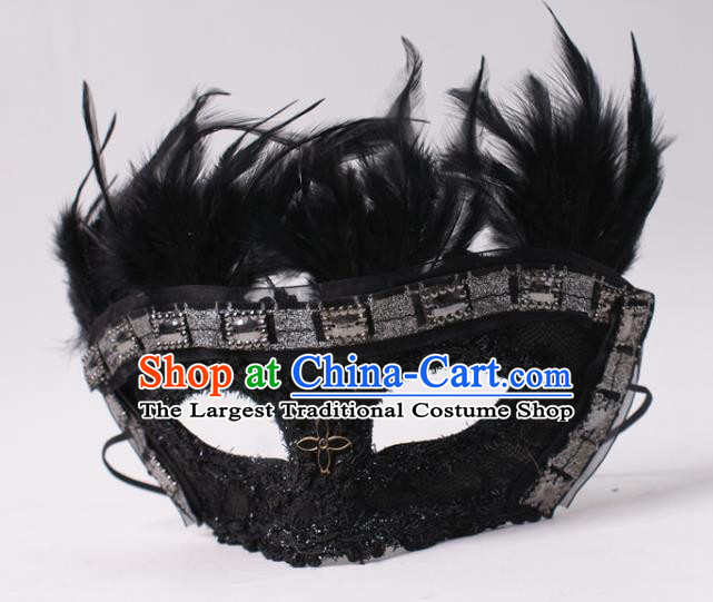 Professional Rio Carnival Black Feather Blinder Headwear Cosplay Lace Mask Party Performance Face Mask