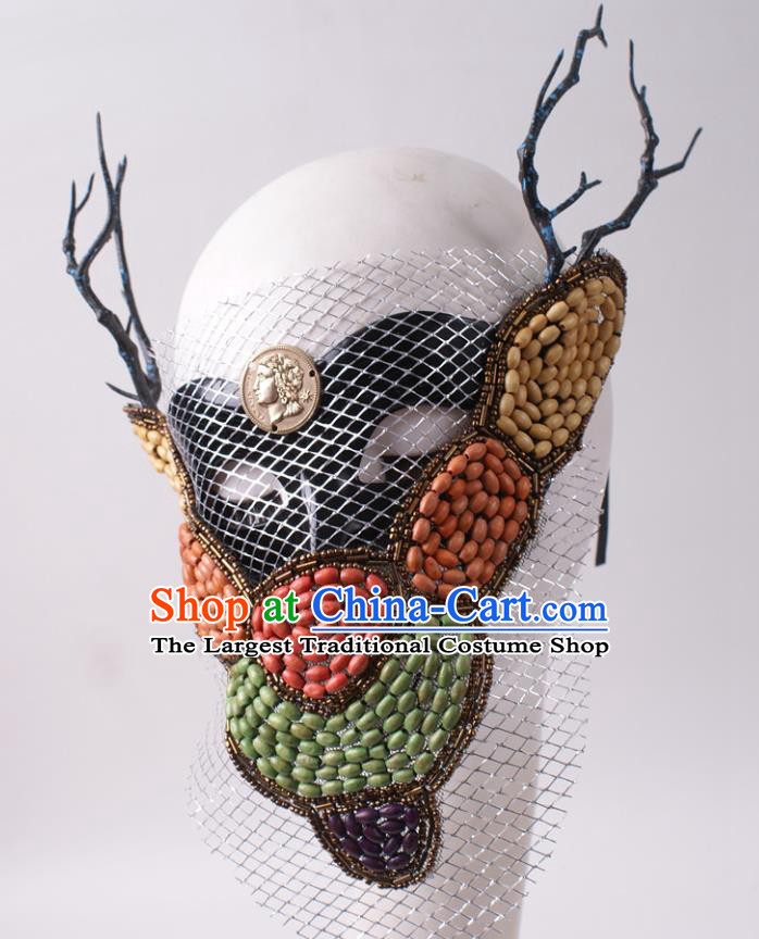 Handmade Beads Face Mask Halloween Stage Performance Blinder Headpiece Cosplay Party Deluxe Branch Mask