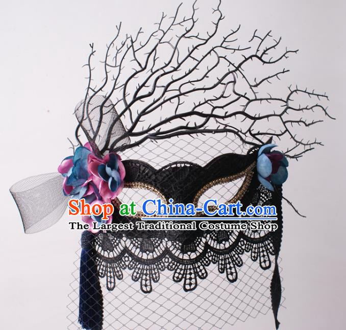 Halloween Stage Performance Blinder Headpiece Cosplay Party Deluxe Black Lace Mask Handmade Branch Face Mask