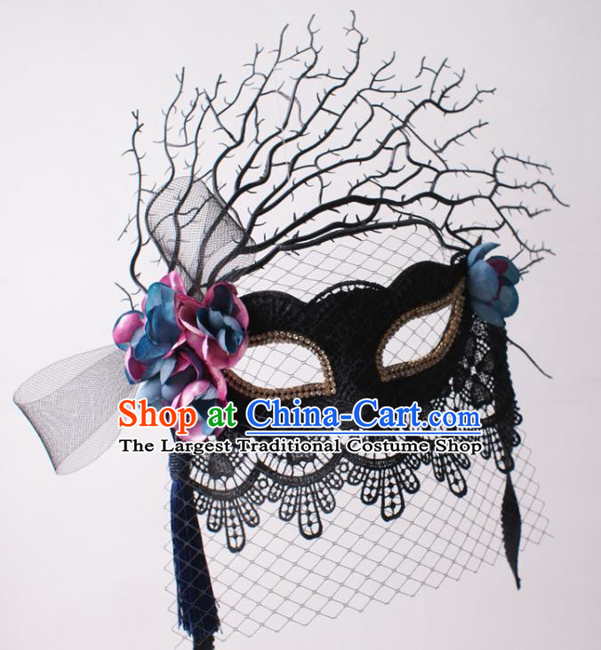 Halloween Stage Performance Blinder Headpiece Cosplay Party Deluxe Black Lace Mask Handmade Branch Face Mask