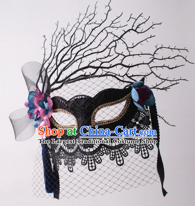 Halloween Stage Performance Blinder Headpiece Cosplay Party Deluxe Black Lace Mask Handmade Branch Face Mask