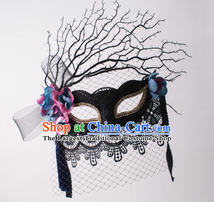 Halloween Stage Performance Blinder Headpiece Cosplay Party Deluxe Black Lace Mask Handmade Branch Face Mask