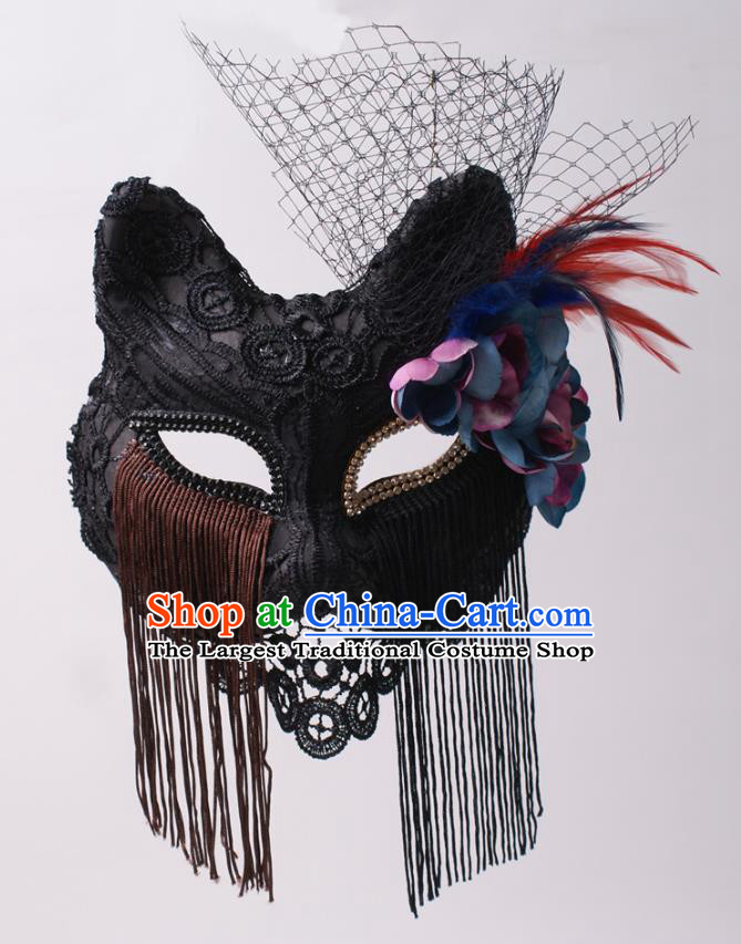 Cosplay Party Deluxe Black Lace Mask Handmade Fox Face Mask Halloween Stage Performance Headpiece