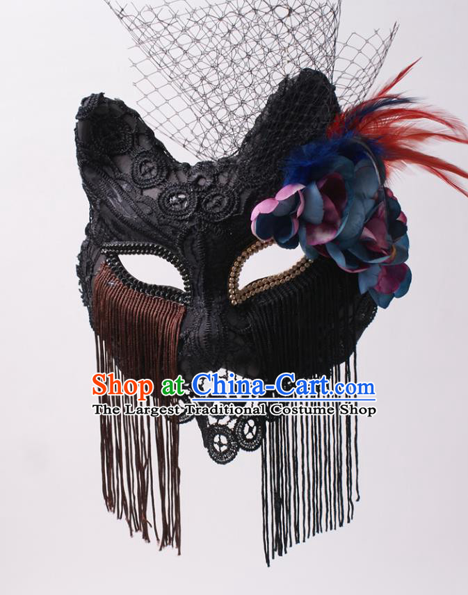 Cosplay Party Deluxe Black Lace Mask Handmade Fox Face Mask Halloween Stage Performance Headpiece