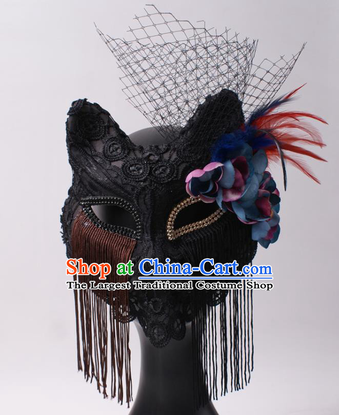 Cosplay Party Deluxe Black Lace Mask Handmade Fox Face Mask Halloween Stage Performance Headpiece