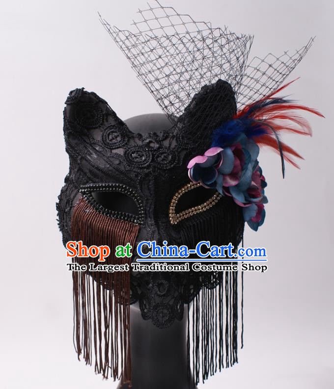 Cosplay Party Deluxe Black Lace Mask Handmade Fox Face Mask Halloween Stage Performance Headpiece