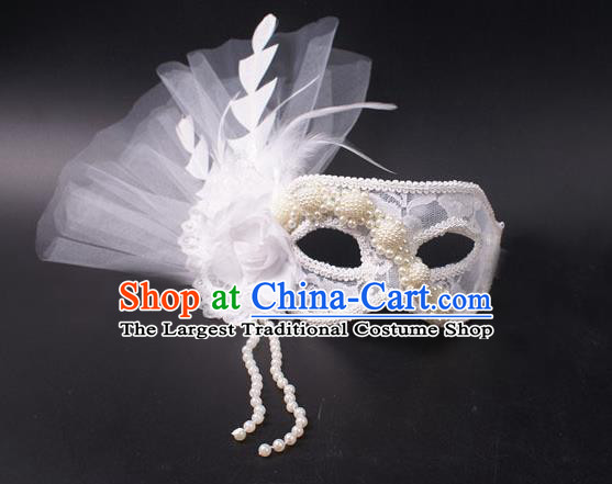 Cosplay Party Deluxe Lace Flower Mask Handmade White Feather Face Mask Halloween Stage Performance Headpiece