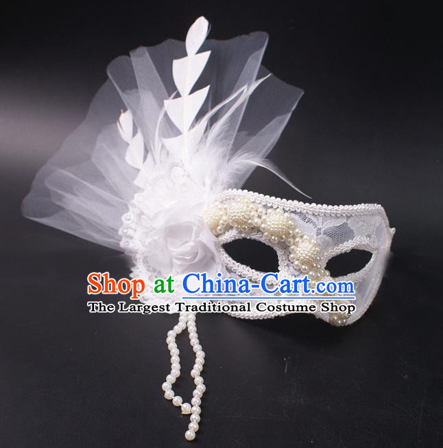 Cosplay Party Deluxe Lace Flower Mask Handmade White Feather Face Mask Halloween Stage Performance Headpiece