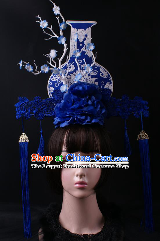 China Stage Show Headdress Catwalks Blue Vase Hair Crown Giant Peony Fan Hair Accessories