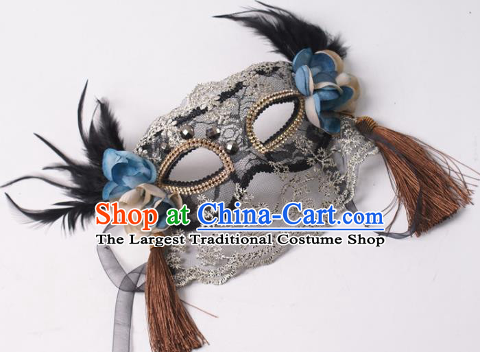 Halloween Stage Performance Headpiece Cosplay Party Deluxe Lace Mask Handmade Black Feather Face Mask