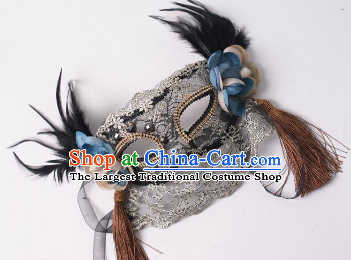 Halloween Stage Performance Headpiece Cosplay Party Deluxe Lace Mask Handmade Black Feather Face Mask