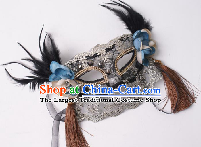 Halloween Stage Performance Headpiece Cosplay Party Deluxe Lace Mask Handmade Black Feather Face Mask