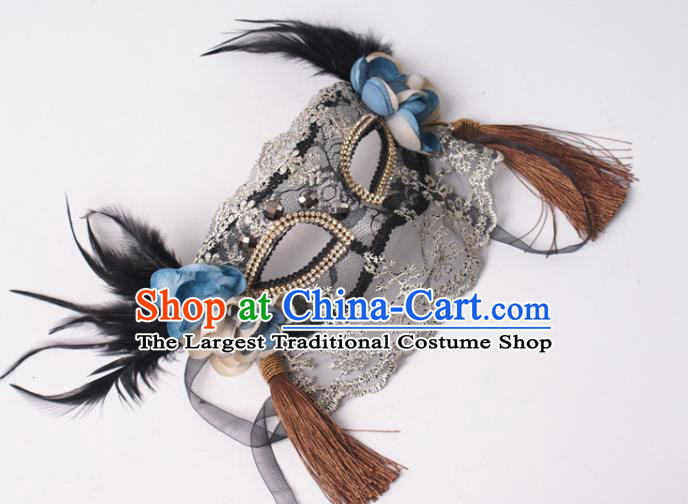 Halloween Stage Performance Headpiece Cosplay Party Deluxe Lace Mask Handmade Black Feather Face Mask