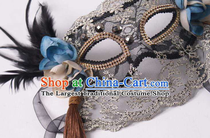 Halloween Stage Performance Headpiece Cosplay Party Deluxe Lace Mask Handmade Black Feather Face Mask