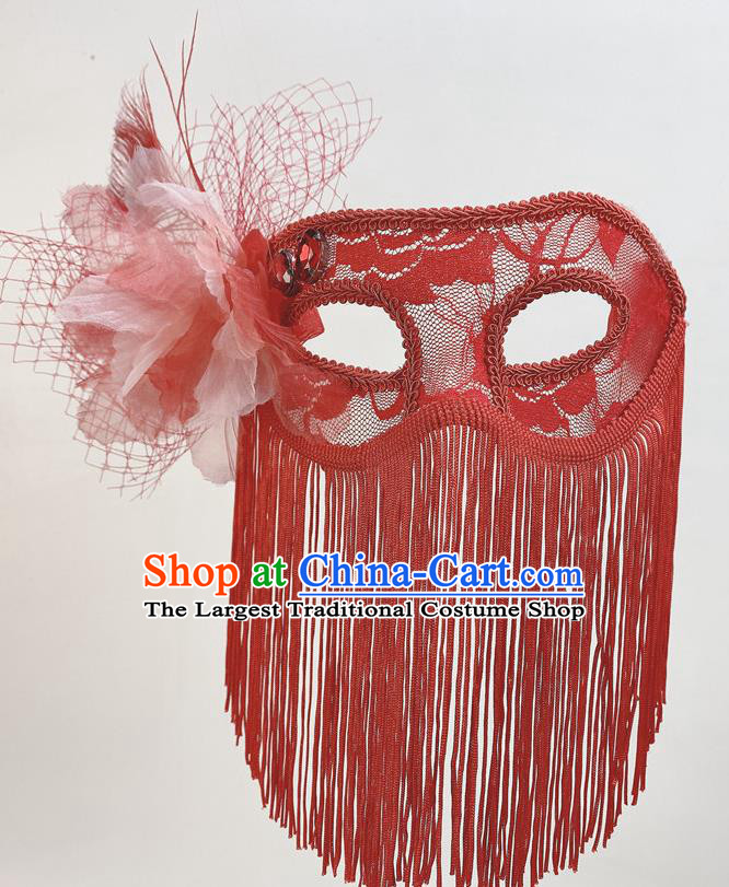 Handmade Red Tassel Face Mask Halloween Stage Performance Headpiece Cosplay Party Deluxe Lace Flower Mask