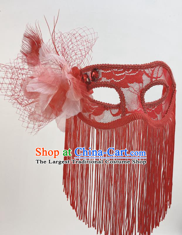 Handmade Red Tassel Face Mask Halloween Stage Performance Headpiece Cosplay Party Deluxe Lace Flower Mask