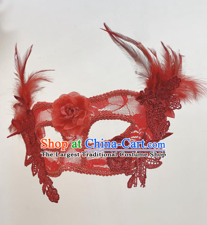 Cosplay Party Deluxe Lace Flower Mask Handmade Red Feather Face Mask Halloween Stage Performance Headpiece