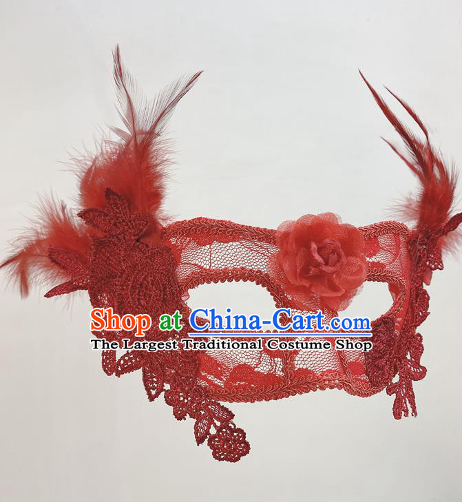 Cosplay Party Deluxe Lace Flower Mask Handmade Red Feather Face Mask Halloween Stage Performance Headpiece