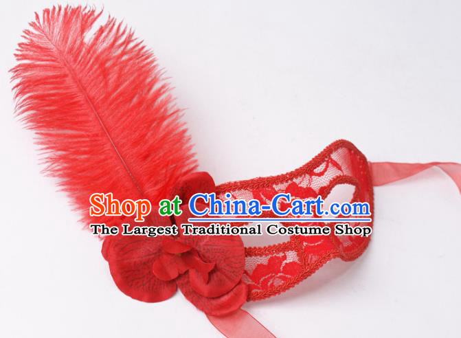 Halloween Stage Performance Headpiece Cosplay Party Deluxe Lace Mask Handmade Red Feather Face Mask