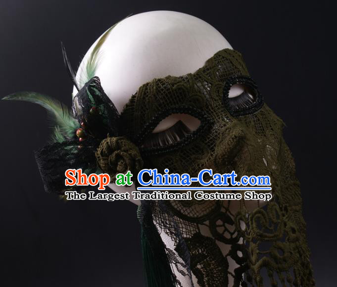 Handmade Deluxe Atrovirens Tassel Face Mask Halloween Stage Performance Blinder Headpiece Cosplay Party Lace Feather Mask