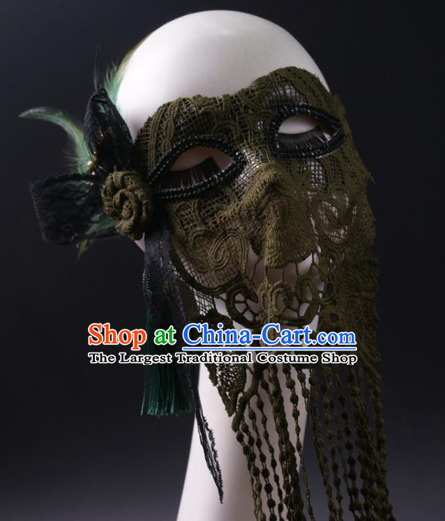 Handmade Deluxe Atrovirens Tassel Face Mask Halloween Stage Performance Blinder Headpiece Cosplay Party Lace Feather Mask