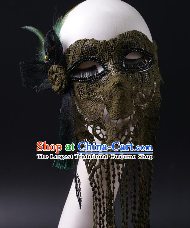 Handmade Deluxe Atrovirens Tassel Face Mask Halloween Stage Performance Blinder Headpiece Cosplay Party Lace Feather Mask