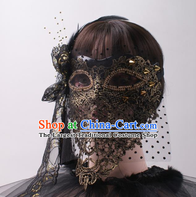 Cosplay Party Black Veil Mask Handmade Deluxe Lace Face Mask Halloween Stage Performance Blinder Headpiece