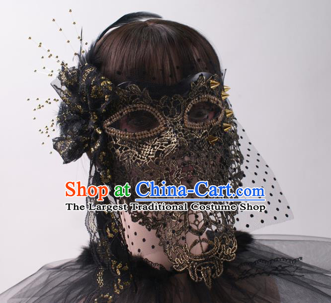 Cosplay Party Black Veil Mask Handmade Deluxe Lace Face Mask Halloween Stage Performance Blinder Headpiece