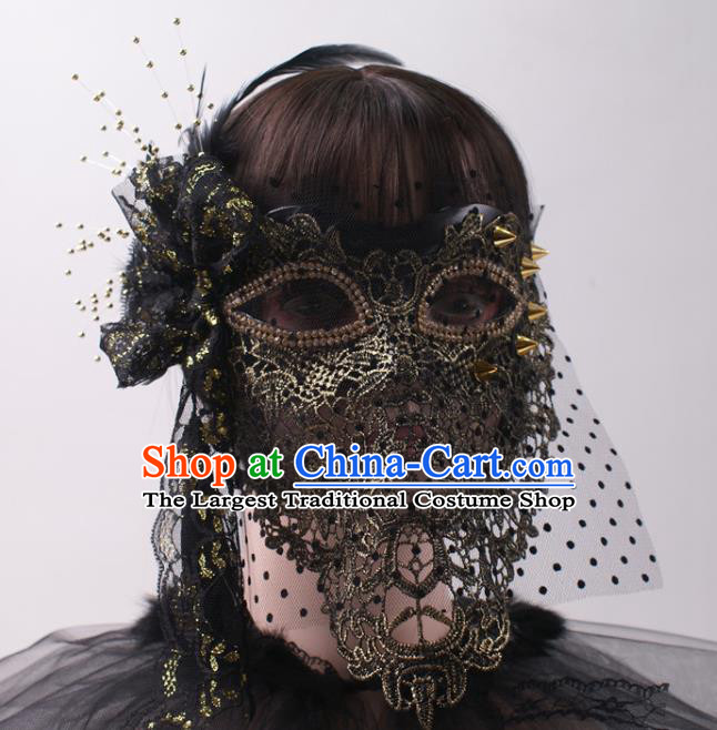 Cosplay Party Black Veil Mask Handmade Deluxe Lace Face Mask Halloween Stage Performance Blinder Headpiece