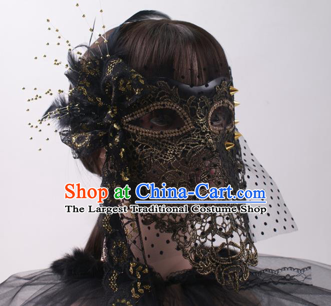 Cosplay Party Black Veil Mask Handmade Deluxe Lace Face Mask Halloween Stage Performance Blinder Headpiece