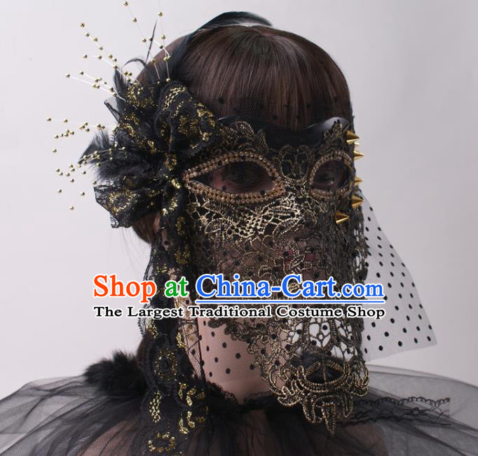 Cosplay Party Black Veil Mask Handmade Deluxe Lace Face Mask Halloween Stage Performance Blinder Headpiece