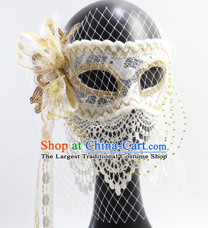 Halloween Stage Performance Blinder Headpiece Cosplay Party White Veil Mask Handmade Deluxe Lace Face Mask