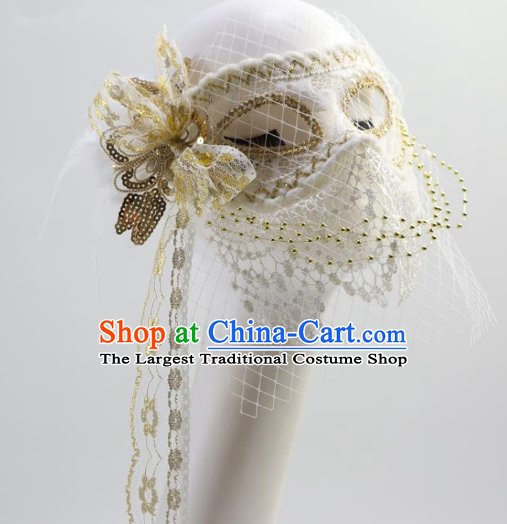 Halloween Stage Performance Blinder Headpiece Cosplay Party White Veil Mask Handmade Deluxe Lace Face Mask