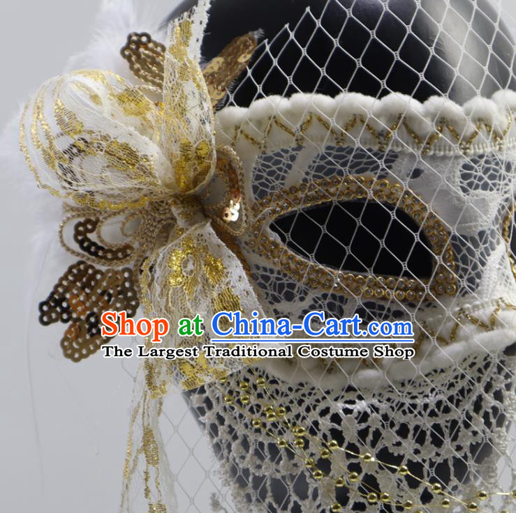 Halloween Stage Performance Blinder Headpiece Cosplay Party White Veil Mask Handmade Deluxe Lace Face Mask