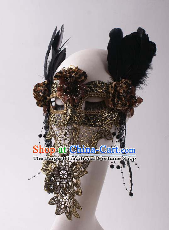 Handmade Deluxe Black Feather Face Mask Halloween Stage Performance Blinder Headpiece Cosplay Party Veil Mask