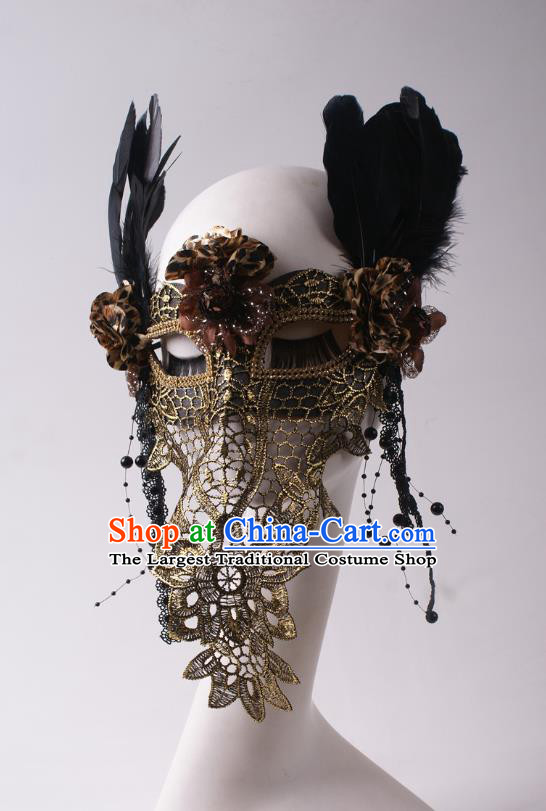 Handmade Deluxe Black Feather Face Mask Halloween Stage Performance Blinder Headpiece Cosplay Party Veil Mask