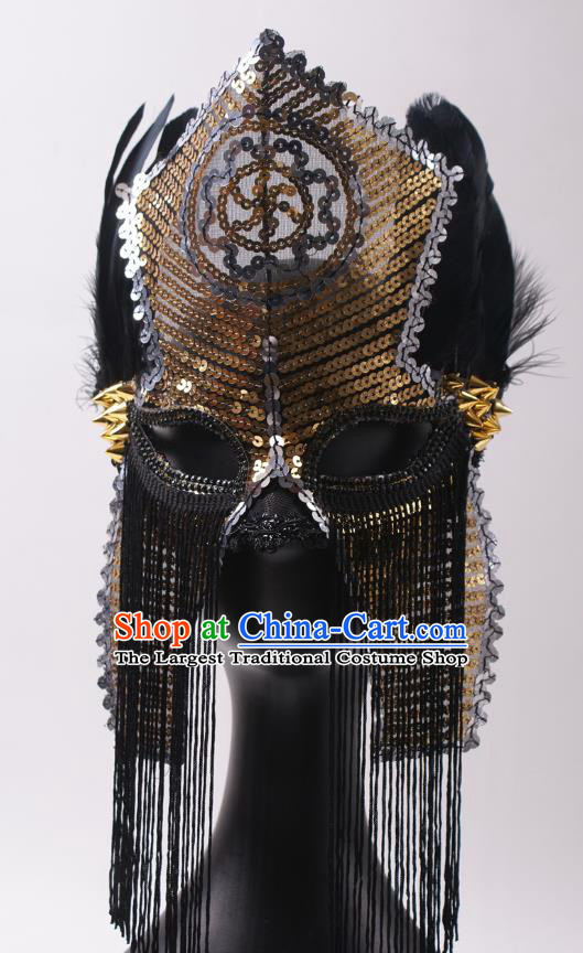 Cosplay Party Gold Sequins Mask Handmade Deluxe Tassel Face Mask Halloween Stage Performance Feather Headpiece