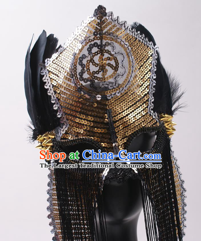 Cosplay Party Gold Sequins Mask Handmade Deluxe Tassel Face Mask Halloween Stage Performance Feather Headpiece