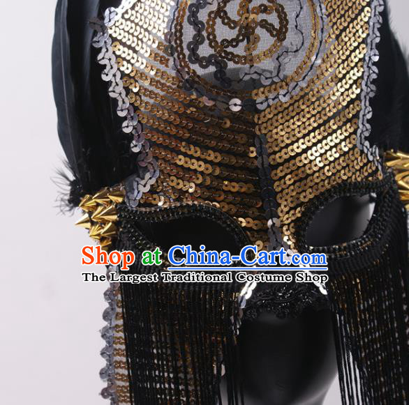 Cosplay Party Gold Sequins Mask Handmade Deluxe Tassel Face Mask Halloween Stage Performance Feather Headpiece