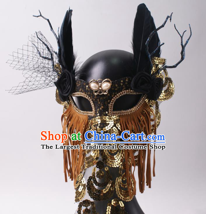 Handmade Deluxe Brown Tassel Face Mask Halloween Stage Performance Feather Headpiece Cosplay Party Sequins Mask