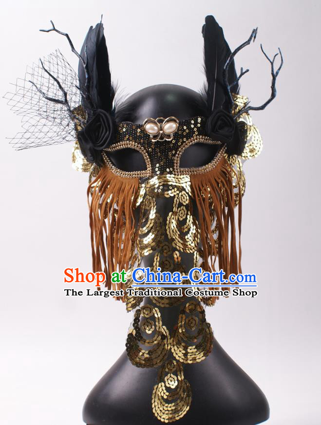 Handmade Deluxe Brown Tassel Face Mask Halloween Stage Performance Feather Headpiece Cosplay Party Sequins Mask
