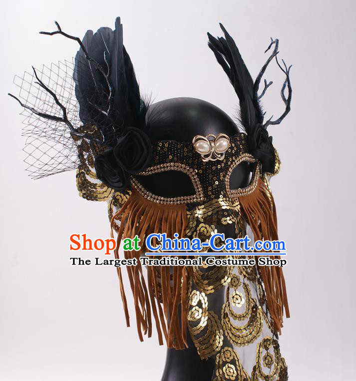 Handmade Deluxe Brown Tassel Face Mask Halloween Stage Performance Feather Headpiece Cosplay Party Sequins Mask