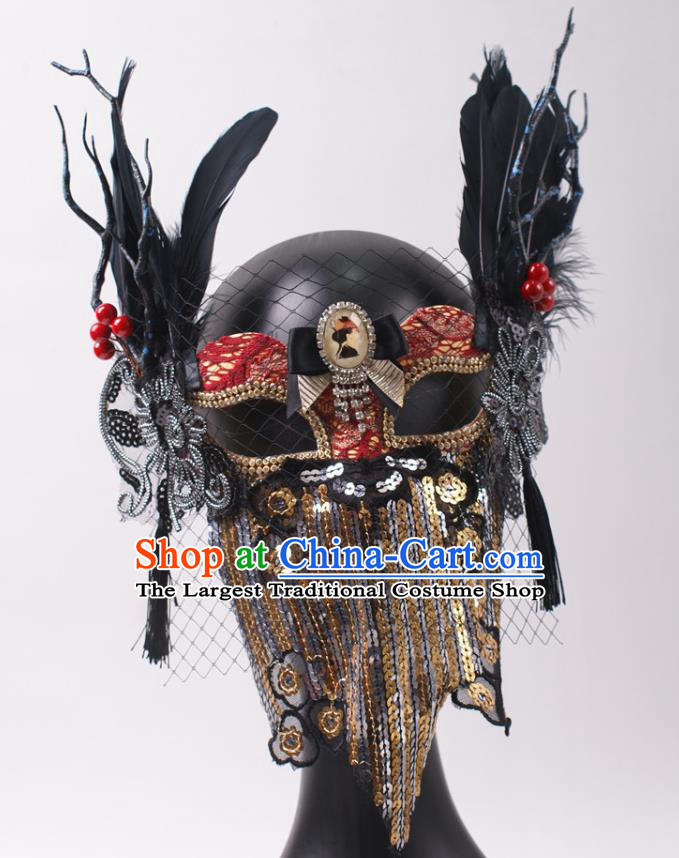Cosplay Party Sequins Mask Handmade Deluxe Branch Face Mask Halloween Stage Performance Black Feather Headpiece