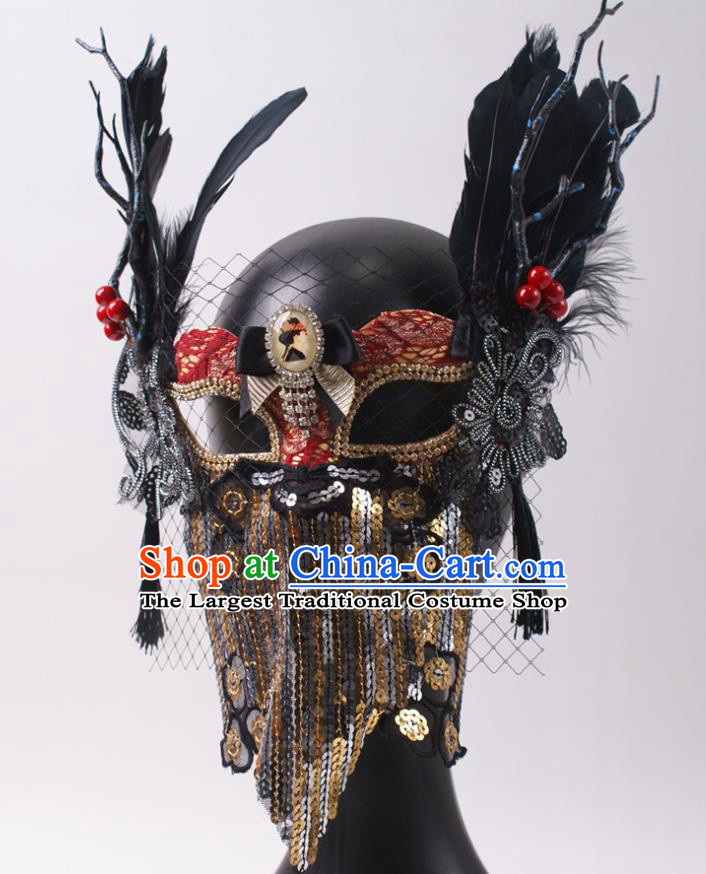 Cosplay Party Sequins Mask Handmade Deluxe Branch Face Mask Halloween Stage Performance Black Feather Headpiece