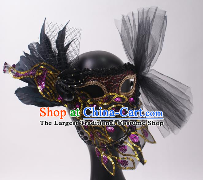 Halloween Stage Performance Veil Headpiece Cosplay Party Purple Sequins Peacock Mask Handmade Deluxe Feather Face Mask