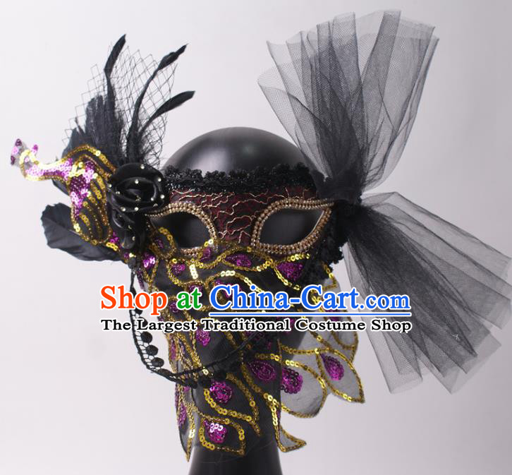 Halloween Stage Performance Veil Headpiece Cosplay Party Purple Sequins Peacock Mask Handmade Deluxe Feather Face Mask