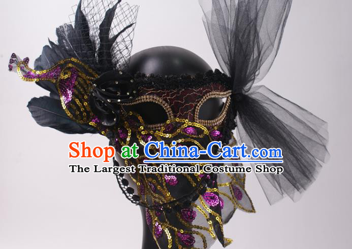 Halloween Stage Performance Veil Headpiece Cosplay Party Purple Sequins Peacock Mask Handmade Deluxe Feather Face Mask