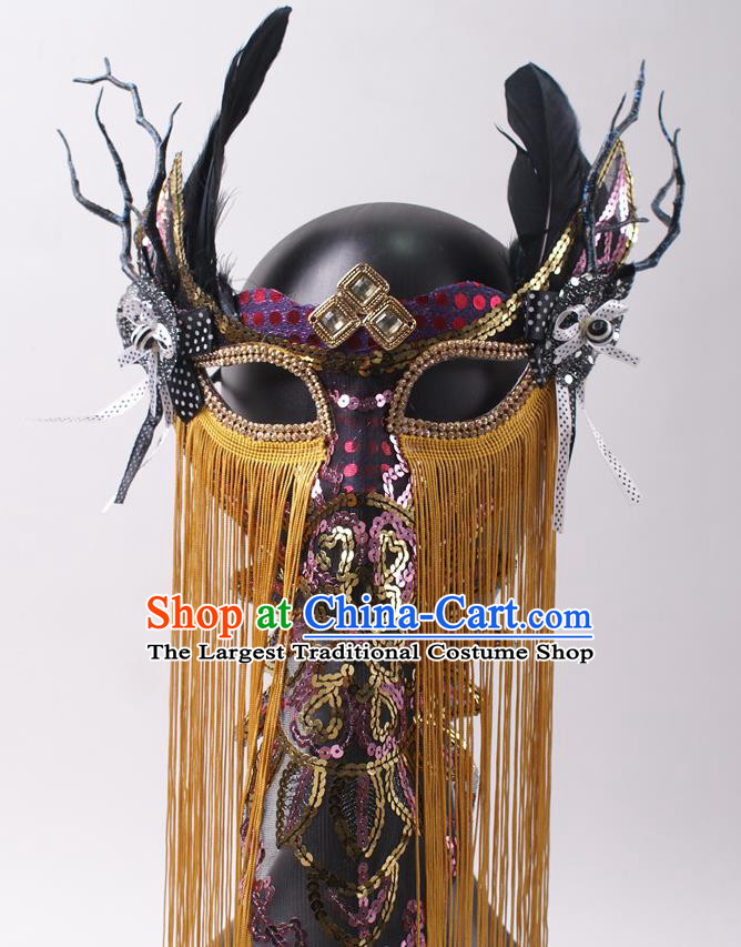 Halloween Handmade Yellow Tassel Face Mask Stage Performance Headpiece Cosplay Party Black Feather Mask
