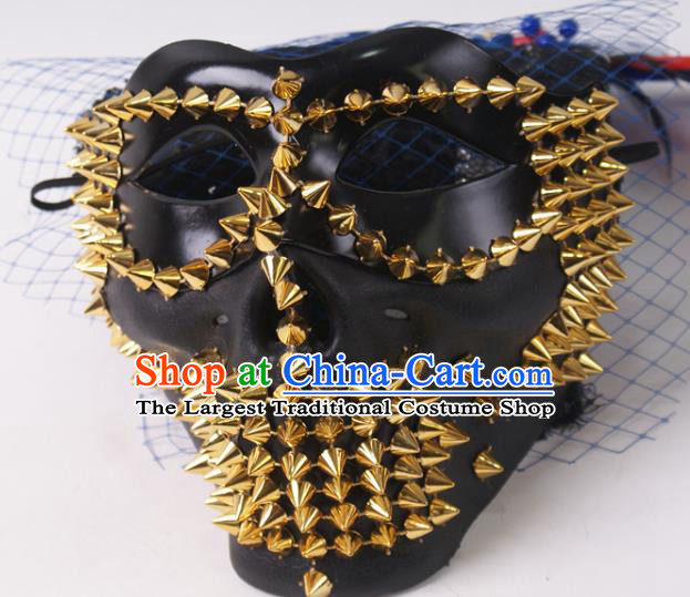 Professional Stage Performance Rivet Face Mask Rio Carnival Headwear Halloween Party Male Cosplay Black Mask