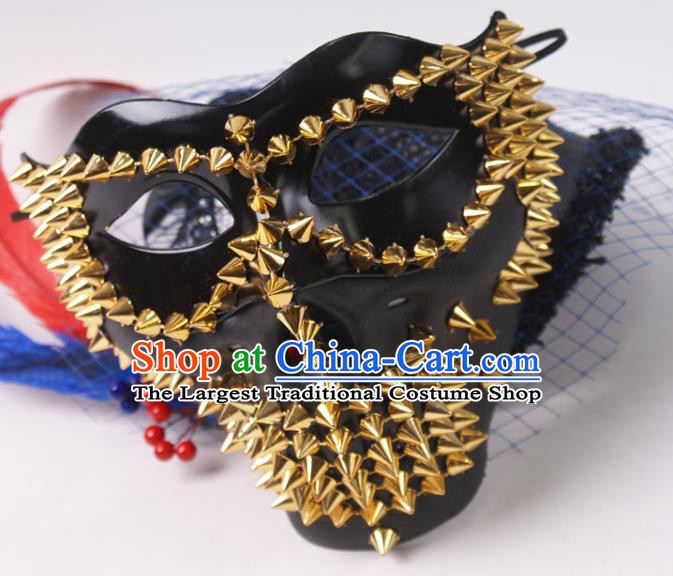 Professional Stage Performance Rivet Face Mask Rio Carnival Headwear Halloween Party Male Cosplay Black Mask